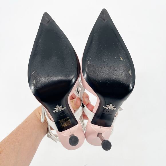 Prada Pink White Brushed Leather Logo Strap Slingback Cap Toe Heels IT 40 - Picture 13 of 16